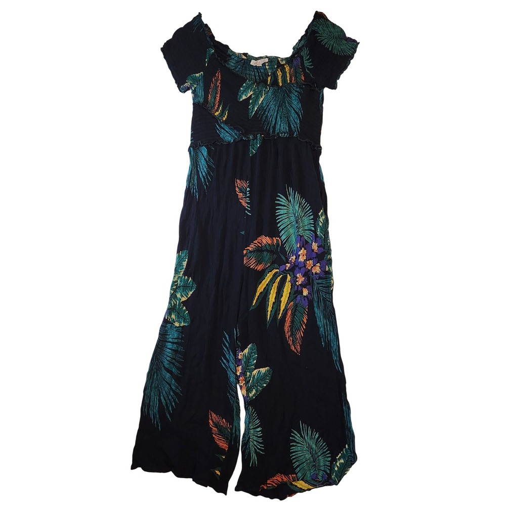 Patrons of Peace Tropical Floral Smocked Wide Leg Jumpsuit Navy Blue M